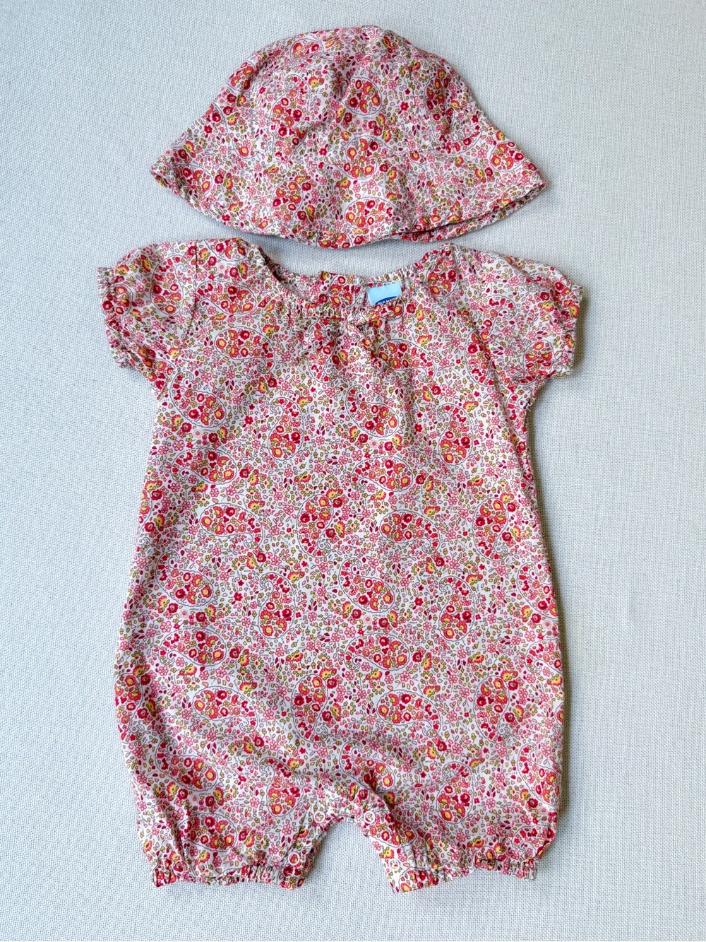 Vintage Y2K Boho Floral Print Romper Bucket Hat Matching Set Cotton 3-6
